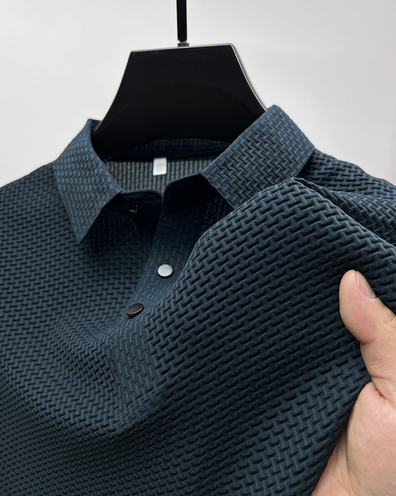 Polo en maille gaufrée bleu canard, col boutonné