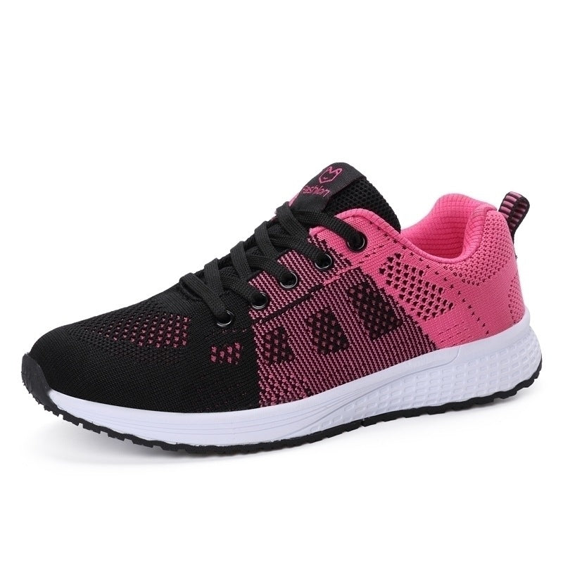 Baskets femme en maille noire et rose, vue de profil