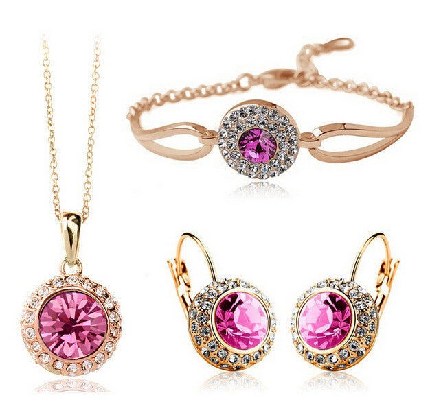 Parure à cristal rose, versions dorée et argentée