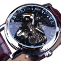 Montre squelette Engrenage à cadran noir, boîtier argenté et bracelet cuir bordeaux