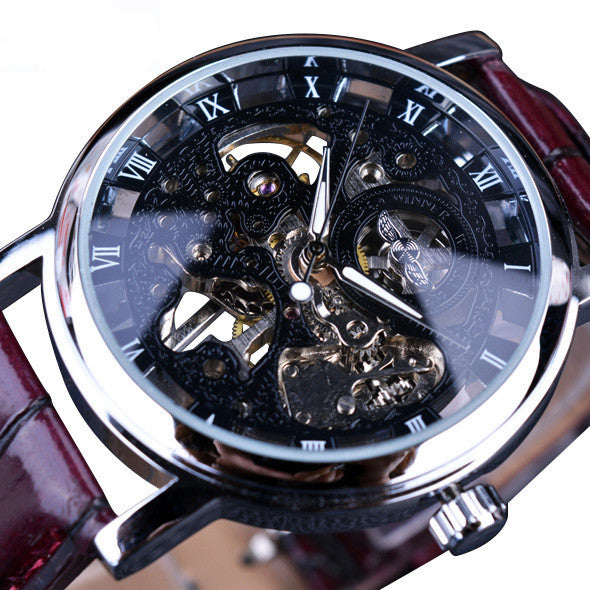 Montre squelette Engrenage à cadran noir, boîtier argenté et bracelet cuir bordeaux
