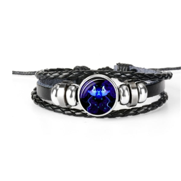Cabochon constellation de la Vierge sur bracelet en cuir tressé