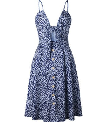 Robe d'été bleue à bretelles, nœud devant et jupe boutonnée