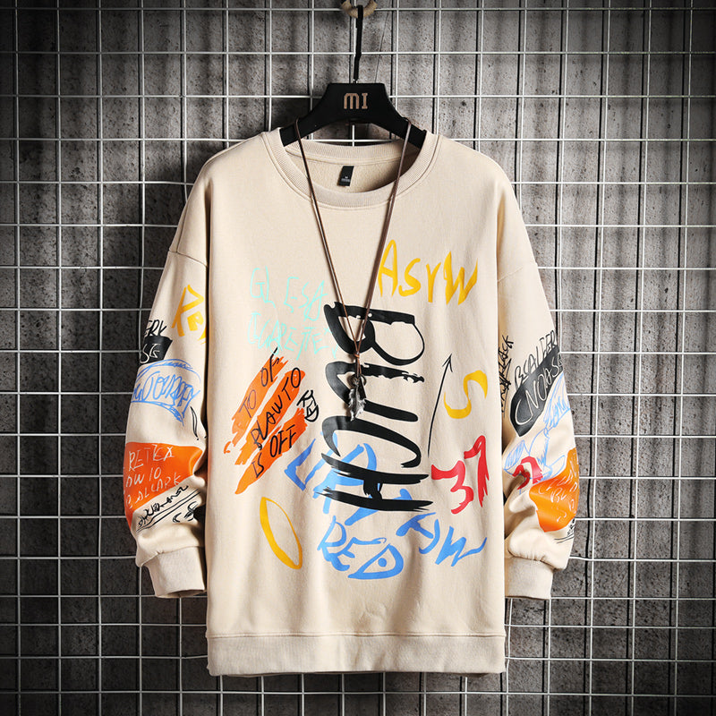 Sweat col rond à imprimé graffiti, coloris beige