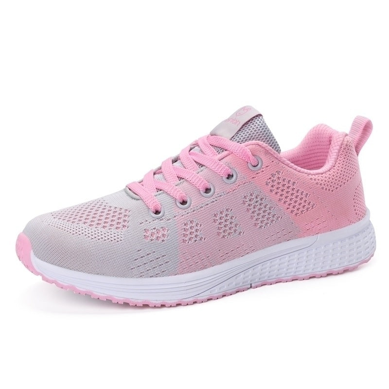 Baskets femme en maille rose et grise, vue de profil