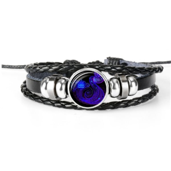 Cabochon constellation des Gémeaux sur bracelet en cuir tressé