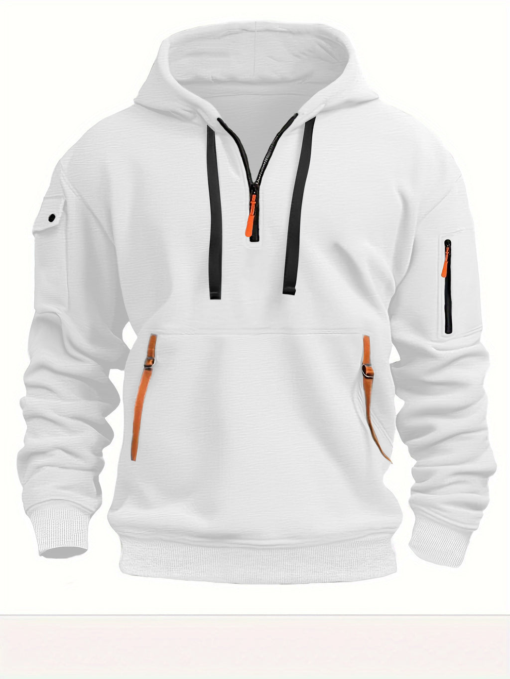 Sweat à capuche quart de zip blanc, zips noirs et tirettes orange, vue de face