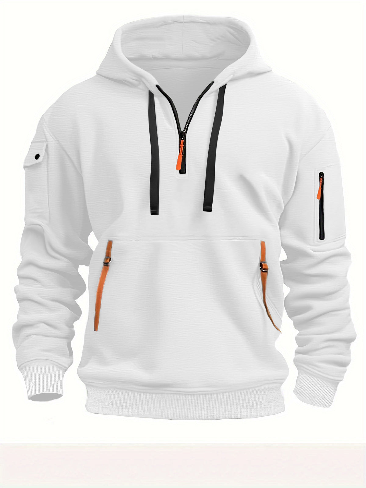 Sweat à capuche quart de zip blanc, zips noirs et tirettes orange, vue de face