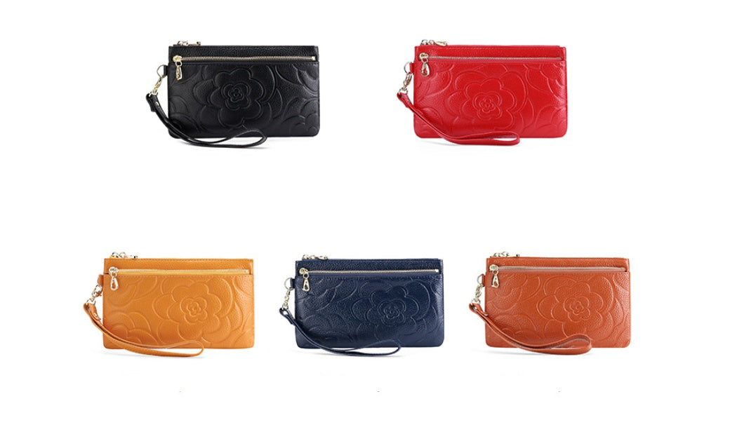 Porte-monnaie en cuir de vache zippé, motif embossé