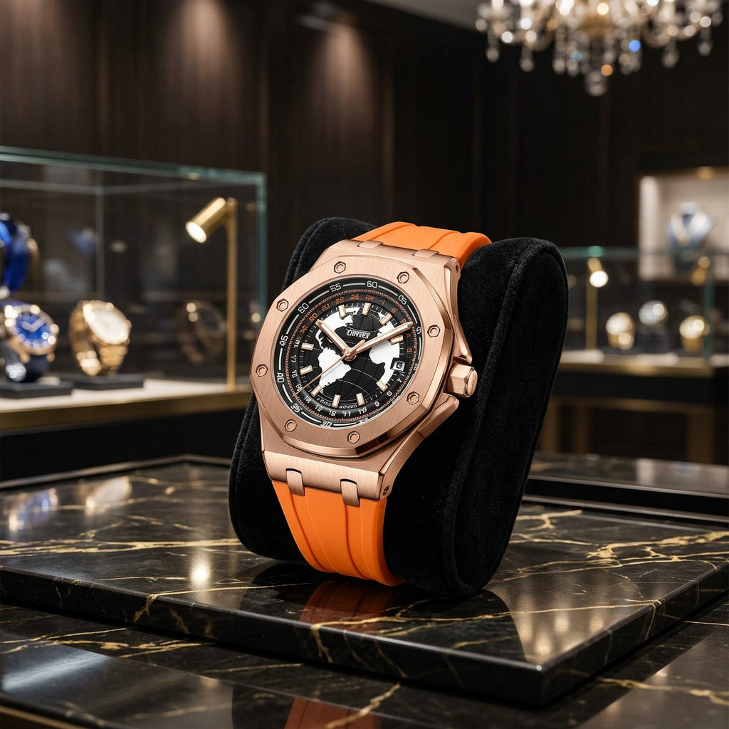Montre homme Prisme, gros plan du cadran et du mouvement
