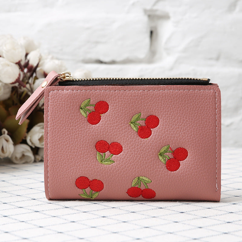Porte-monnaie brodé cerises coloris gris