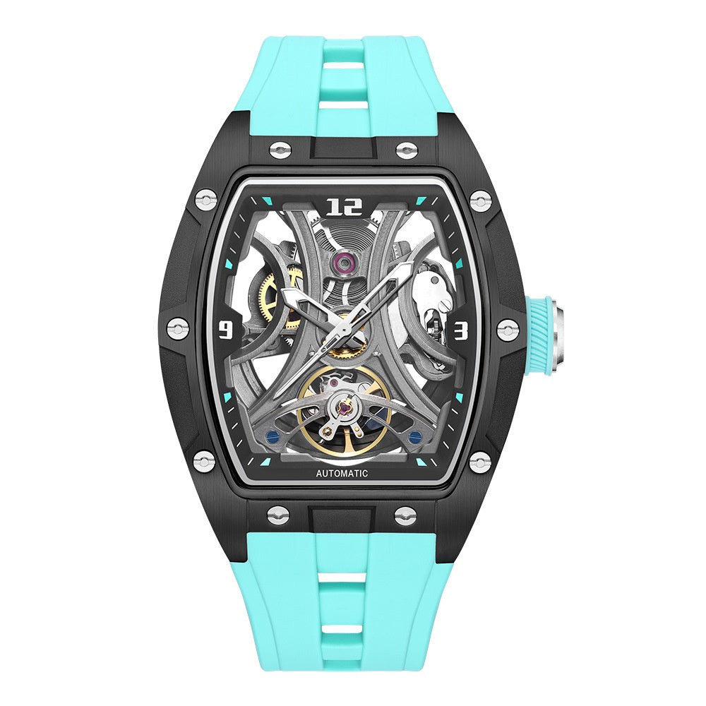Montre automatique homme Armure, boîtier tonneau clouté, cadran squelette
