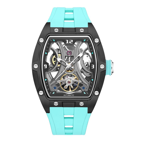 Montre automatique homme Armure, boîtier tonneau clouté, cadran squelette