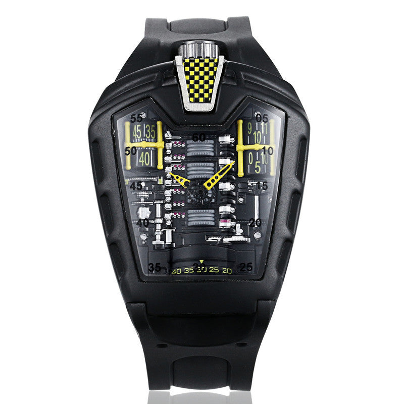 Montre Piston noire aux accents bleus, cadran effet moteur