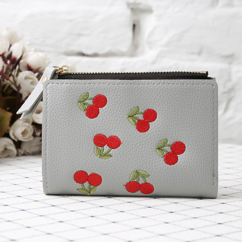 Porte-monnaie brodé cerises coloris rose