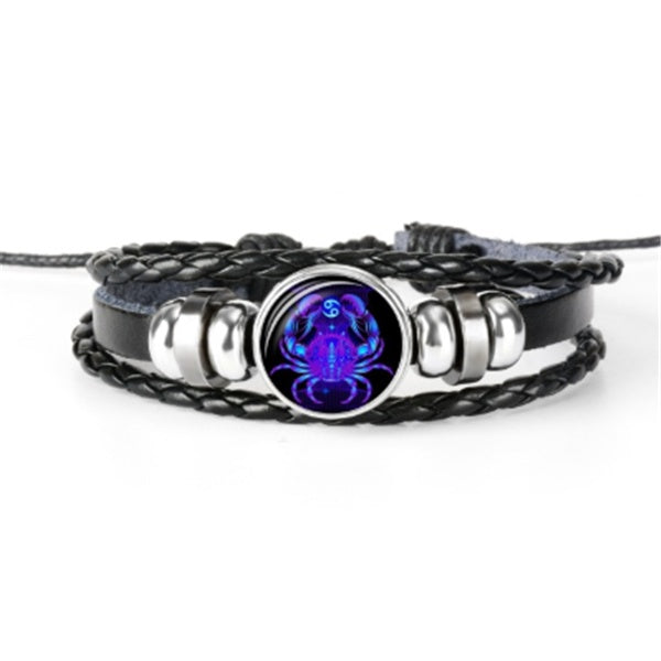 Cabochon constellation du Cancer sur bracelet en cuir tressé