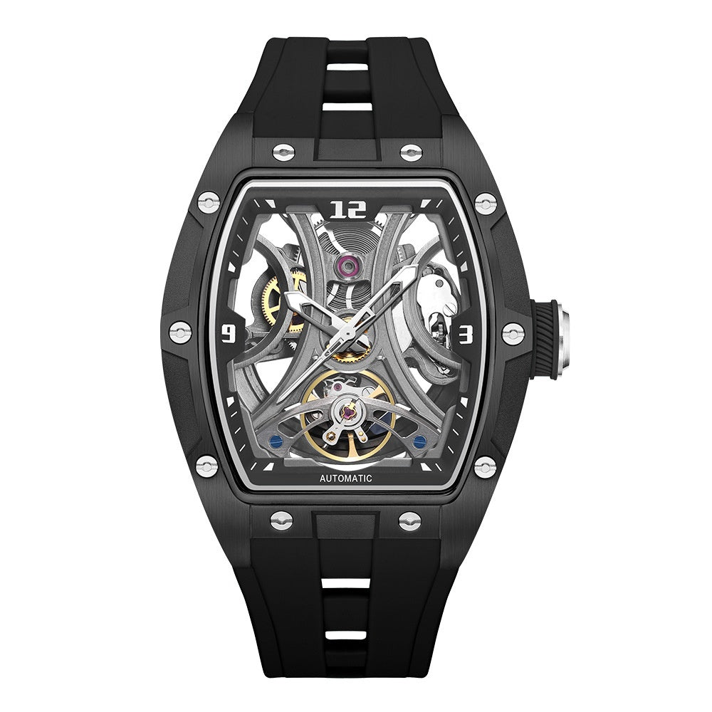 Montre homme Armure, gros plan du cadran squelette et du mouvement
