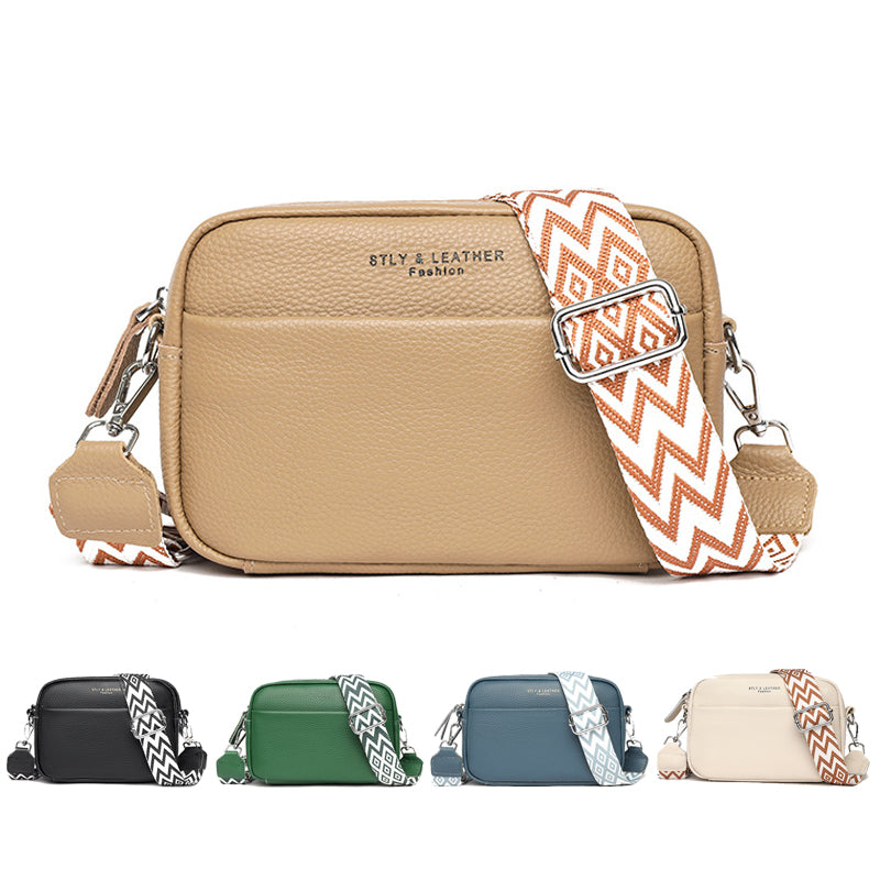 Petit sac bandoulière carré en cuir de vache, sangle brodée losanges