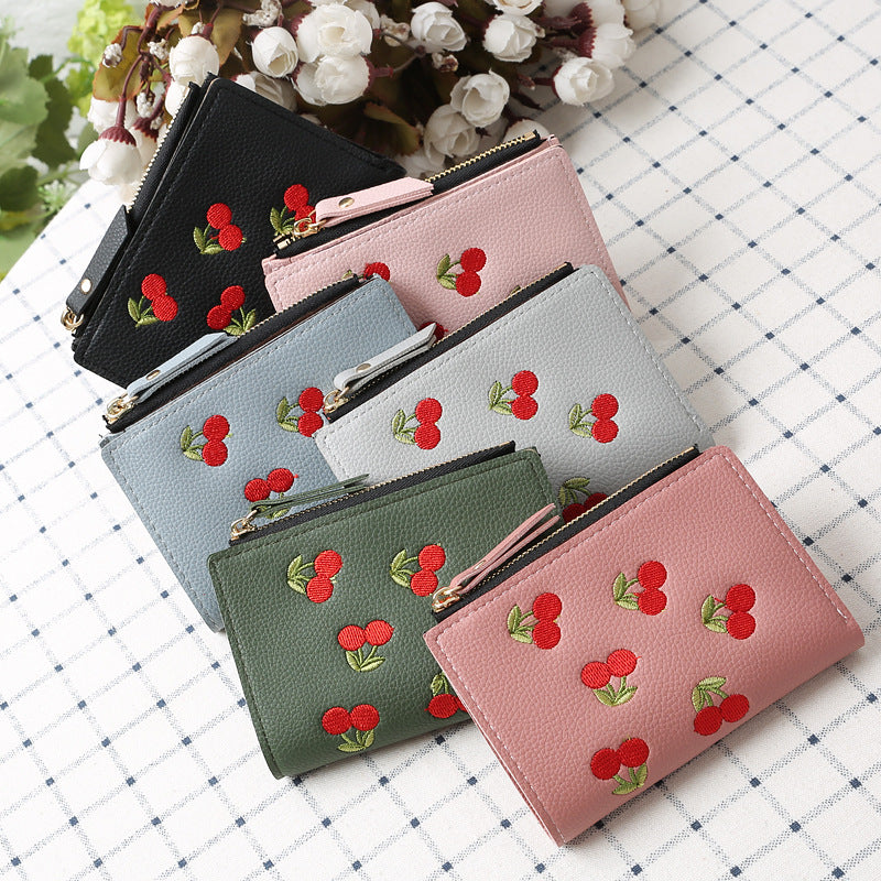 Porte-monnaie brodé cerises coloris rose foncé