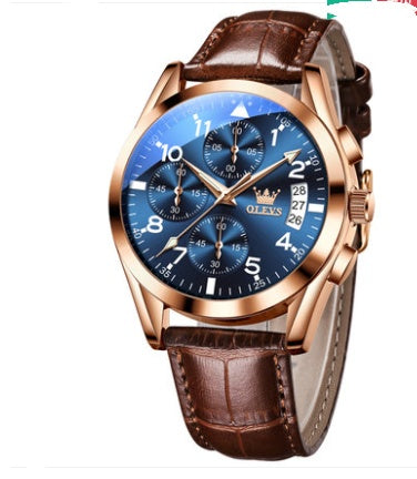 Montre homme Azur à cadran bleu, boîtier or rose et bracelet cuir marron