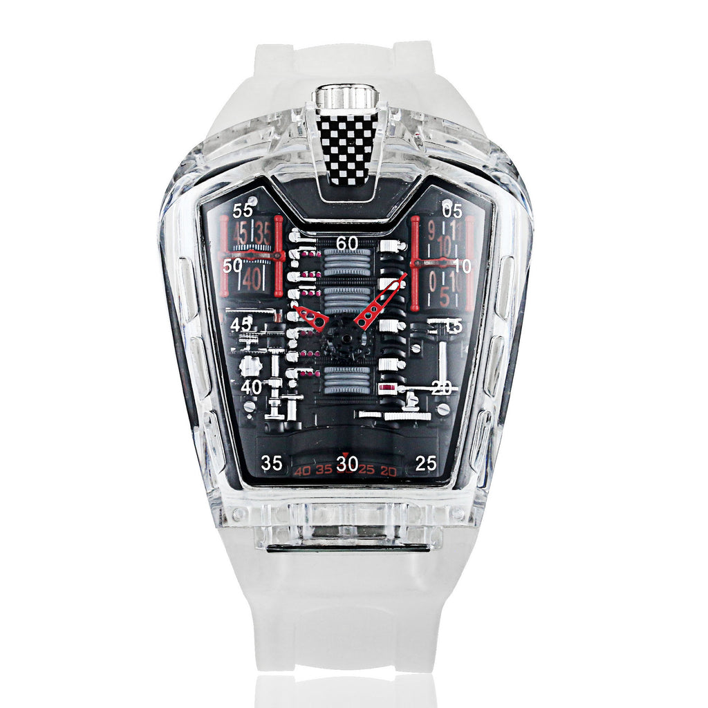 Montre Piston transparente, bracelet coloré, mécanisme apparent
