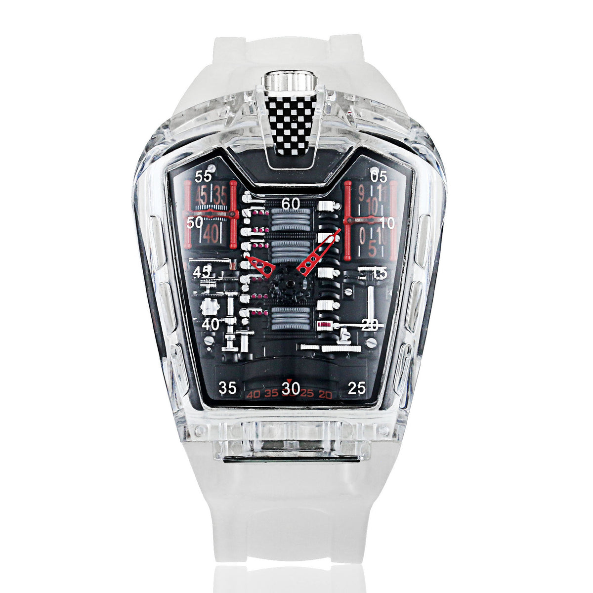 Montre Piston transparente, bracelet coloré, mécanisme apparent