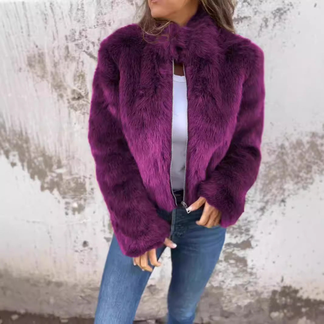 Veste polaire à col montant pour femme — coloris rouge, haut en fourrure synthétique