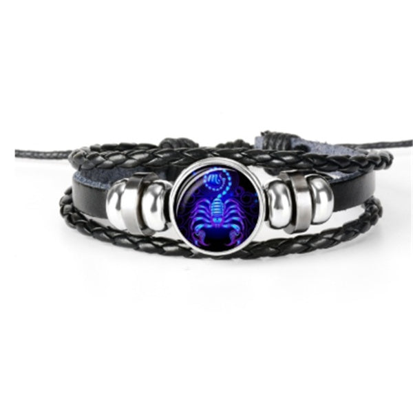 Cabochon constellation du Verseau sur bracelet en cuir tressé