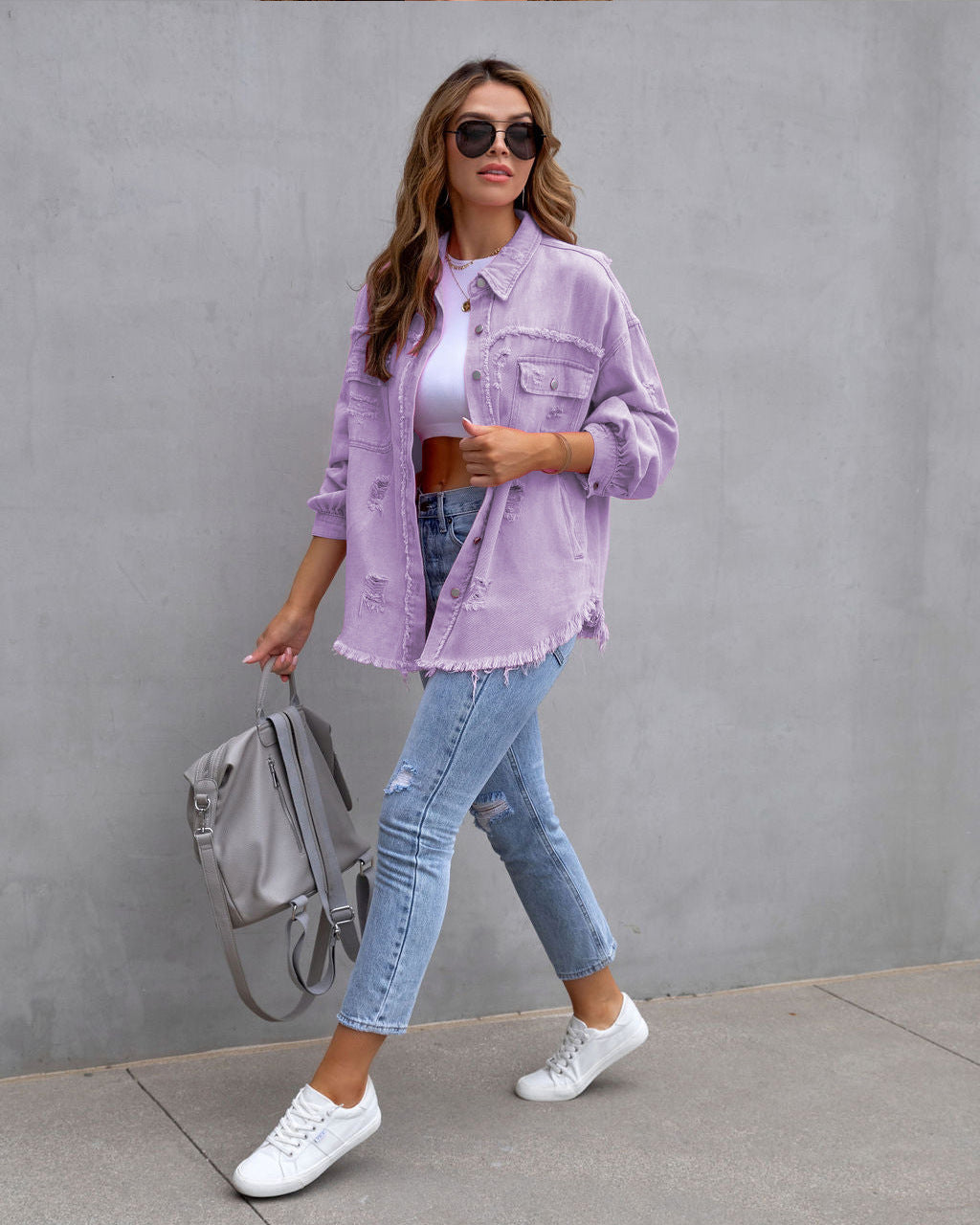 Surchemise rose fuchsia effet usé, bords effilochés
