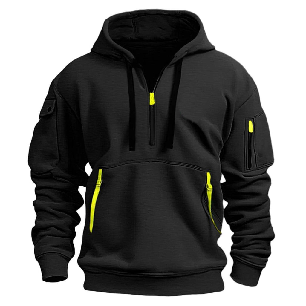 Sweat à capuche quart de zip noir, tirettes jaune fluo, vue de face