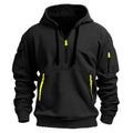 Sweat à capuche quart de zip noir, tirettes jaune fluo, vue de face