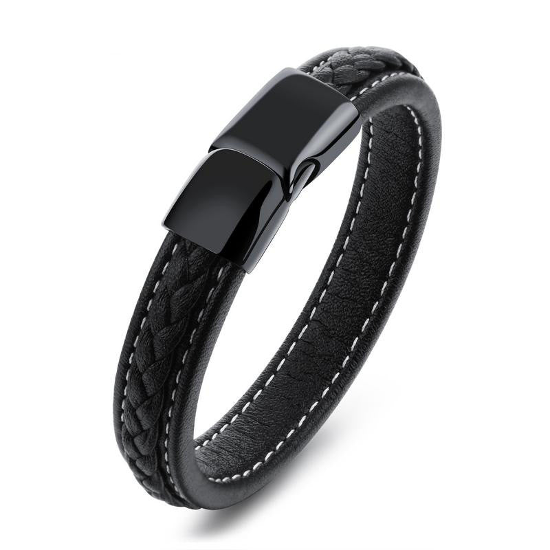 Bracelet Corsaire en cuir noir tressé, fermoir géométrique