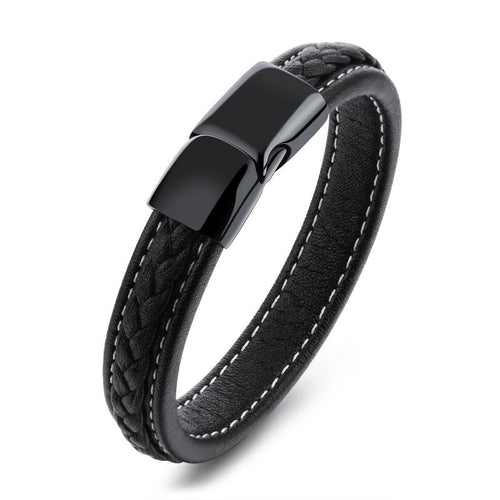 Bracelet Corsaire en cuir noir tressé, fermoir géométrique
