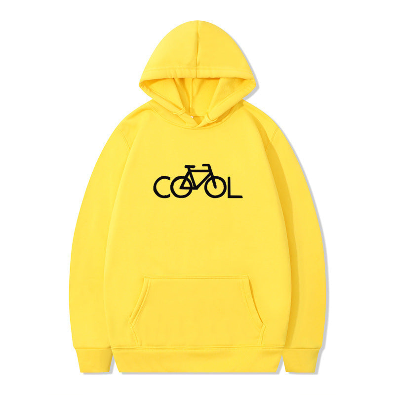 Sweat à capuche imprimé vélo, coloris jaune à imprimé noir