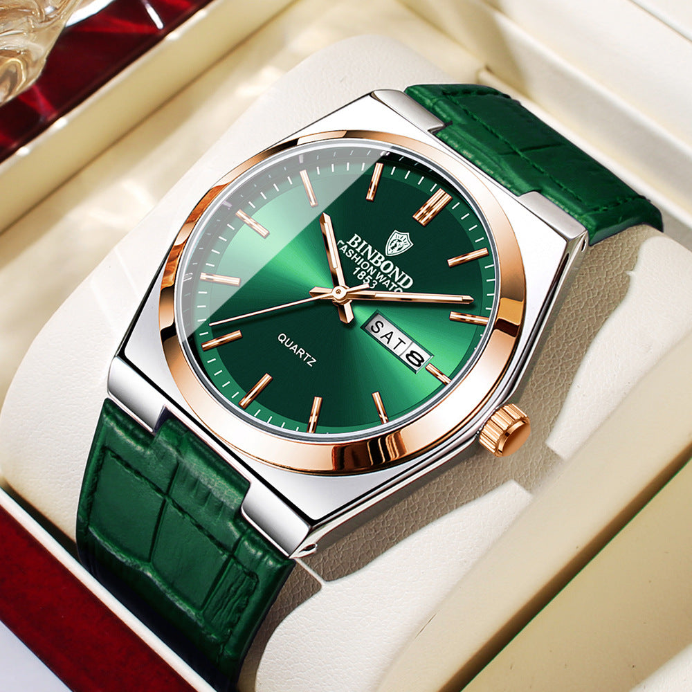 Montre Rive Gauche cuir vert, boîtier or rose, style décontracté