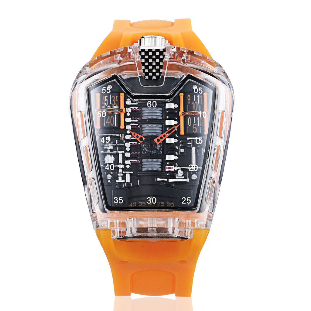 Montre Piston transparente à bracelet orange, design audacieux