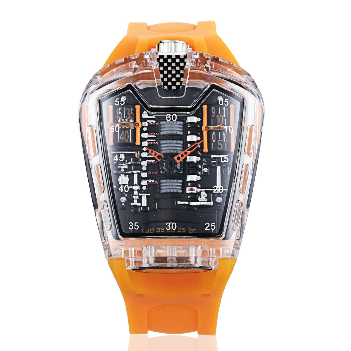 Montre Piston transparente à bracelet orange, design audacieux