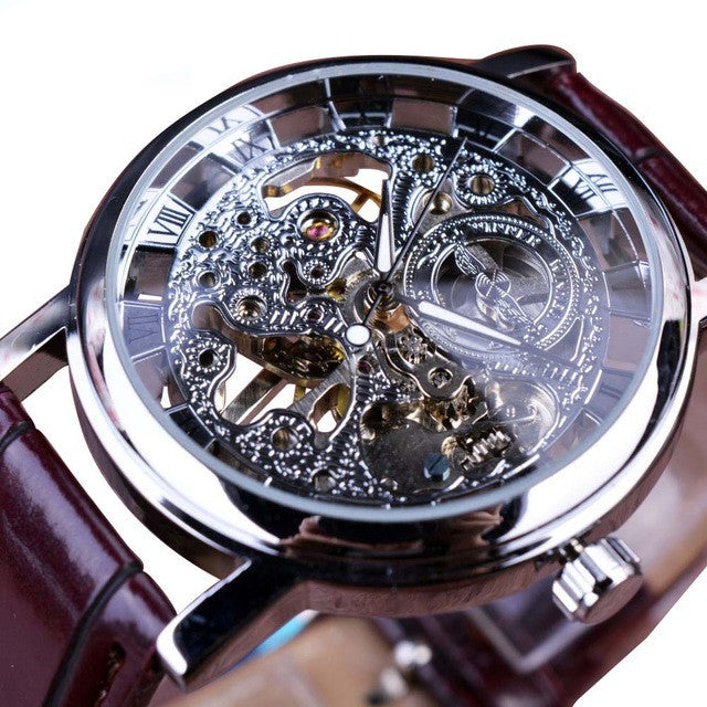 Montre squelette Engrenage à cadran argenté, boîtier acier et bracelet cuir bordeaux