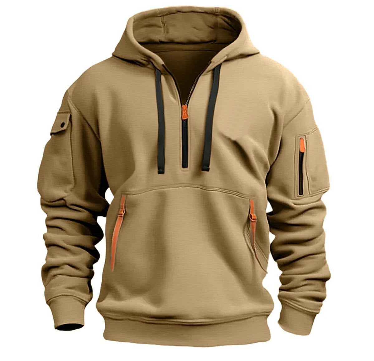 Sweat à capuche quart de zip kaki clair, vue de face