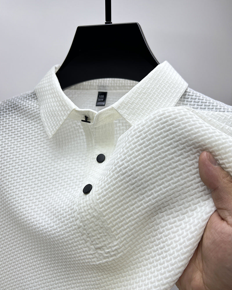 Polo en maille gaufrée blanc, col boutonné