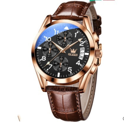 Montre homme Azur à cadran noir, boîtier or rose et bracelet cuir marron
