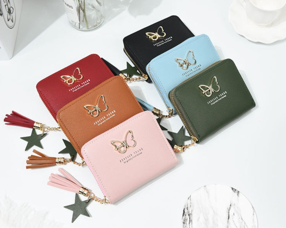 Petit porte-monnaie imprimé papillon, format compact zippé