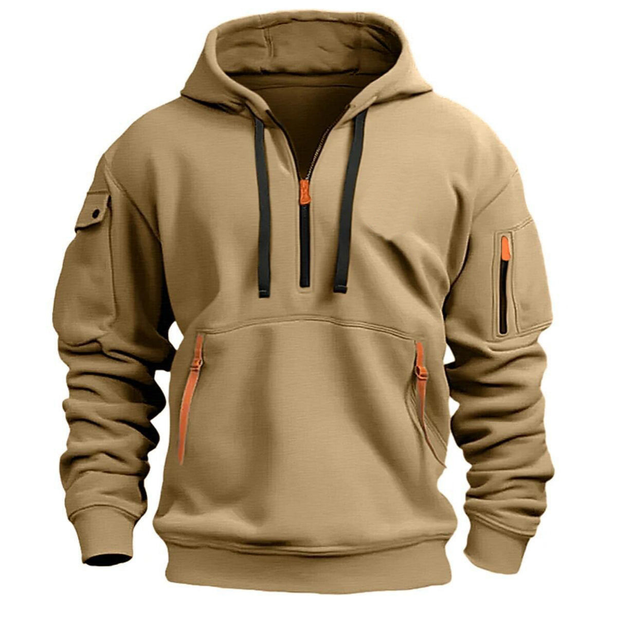 Sweat à capuche quart de zip kaki, vue de face