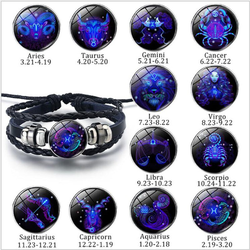 Cabochon constellation du Taureau sur bracelet en cuir tressé