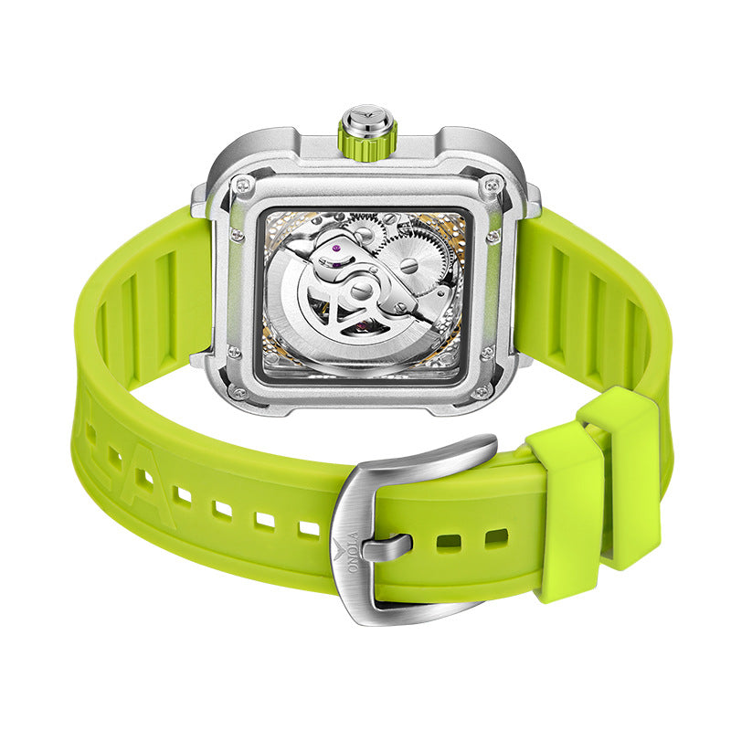 Montre homme Anatomie argent et vert, montre squelette automatique