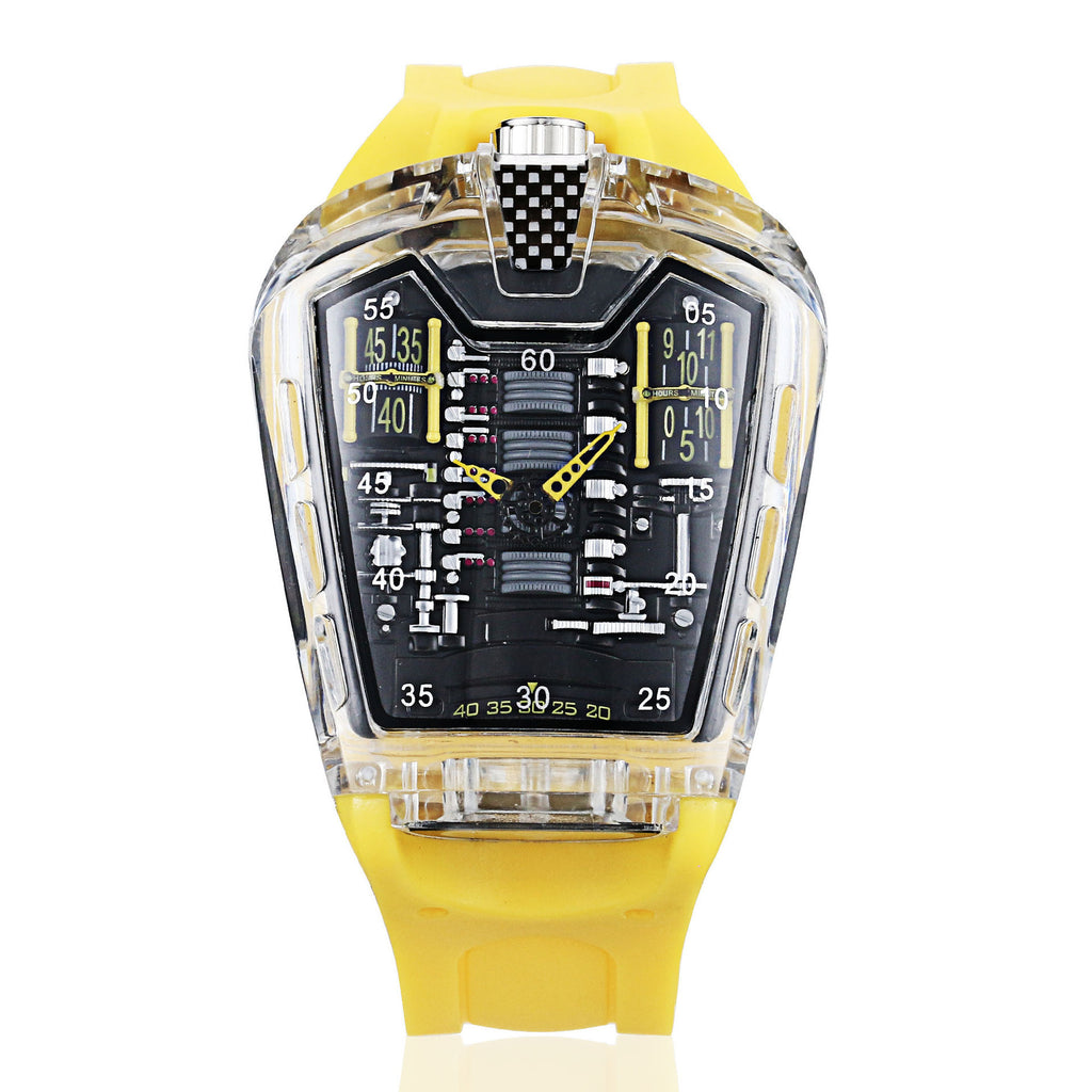 Montre homme Piston, détail du capot ajouré façon fibre de carbone