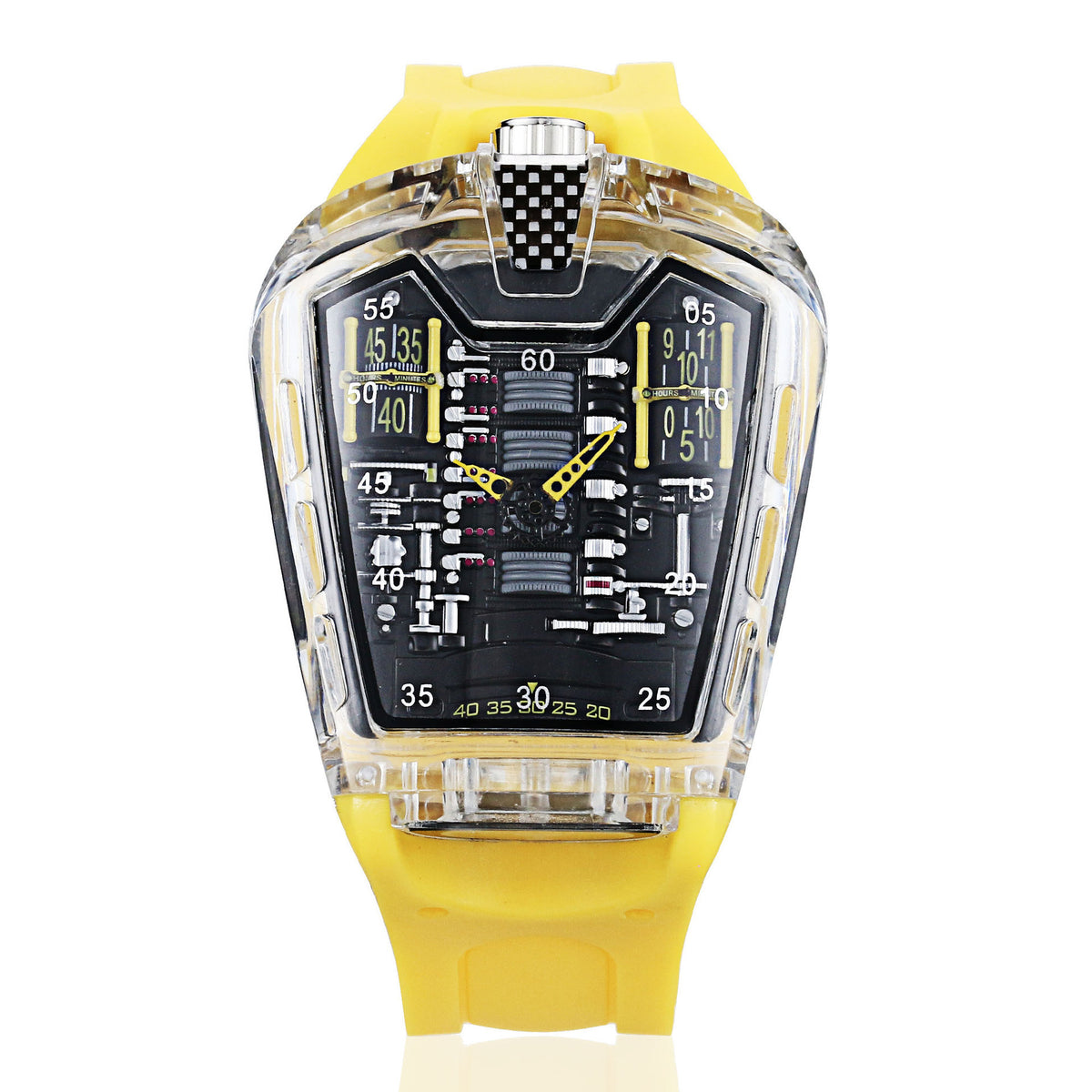 Montre homme Piston, détail du capot ajouré façon fibre de carbone