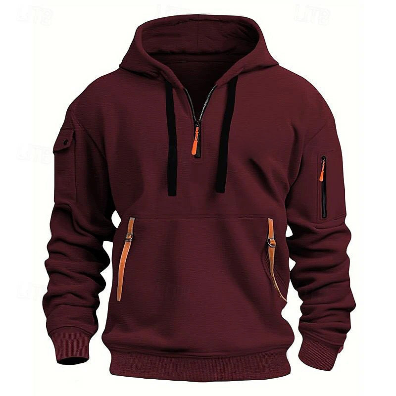 Sweat à capuche quart de zip bordeaux, vue de face