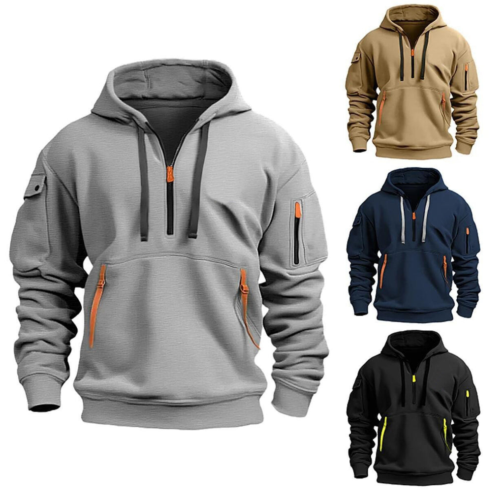 Sweat à capuche quart de zip à poches zippées, les quatre coloris kaki, bleu marine, noir et gris