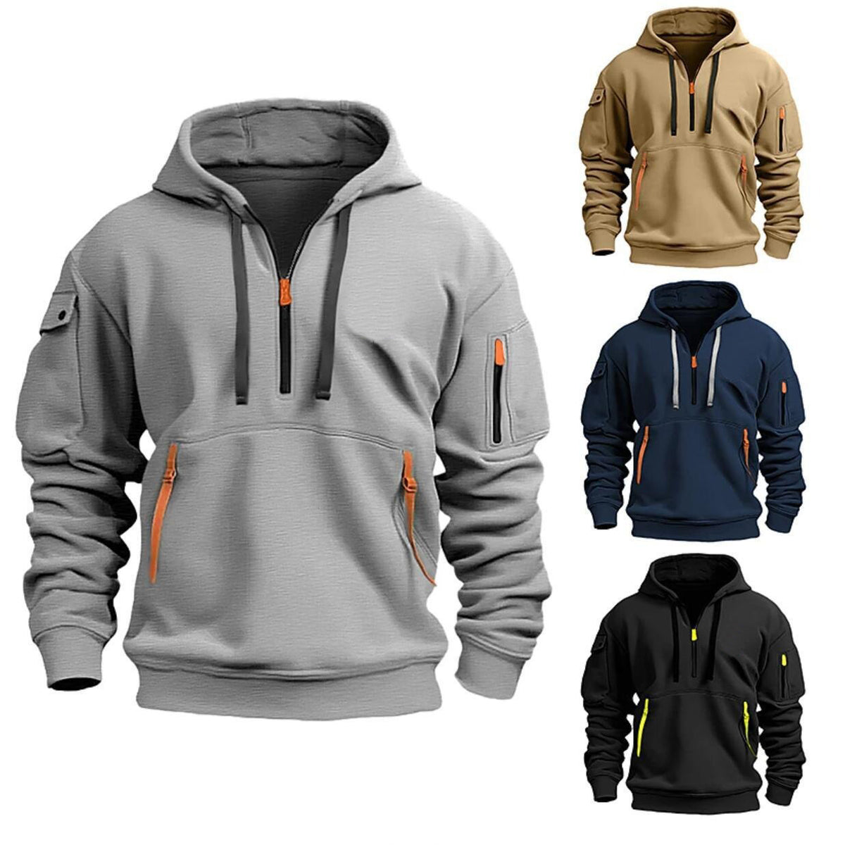 Sweat à capuche quart de zip à poches zippées, les quatre coloris kaki, bleu marine, noir et gris